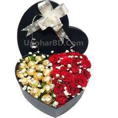 Rose And Rocher In A Heart shaped gift box